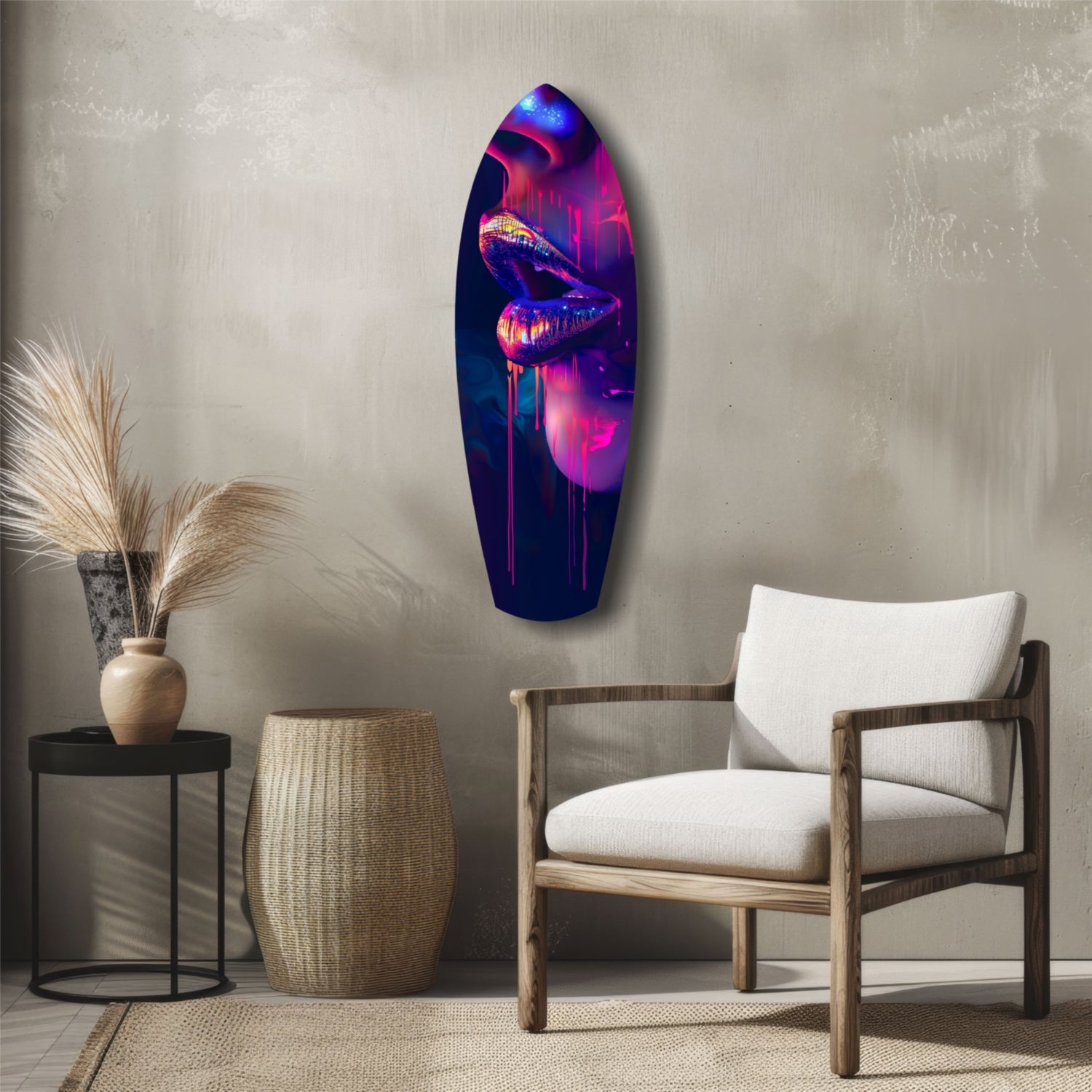 Neon lips glass wall art displayed vertically above wooden chair in minimalist interior setting.