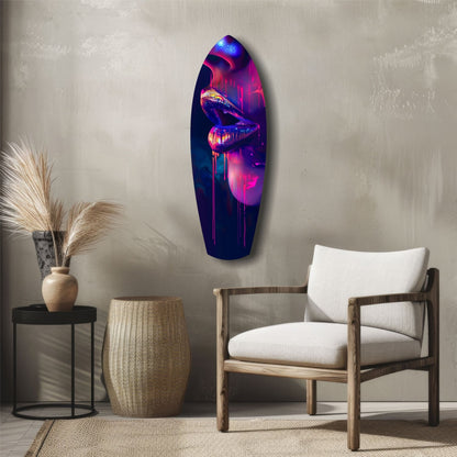 Neon lips glass wall art displayed vertically above wooden chair in minimalist interior setting.