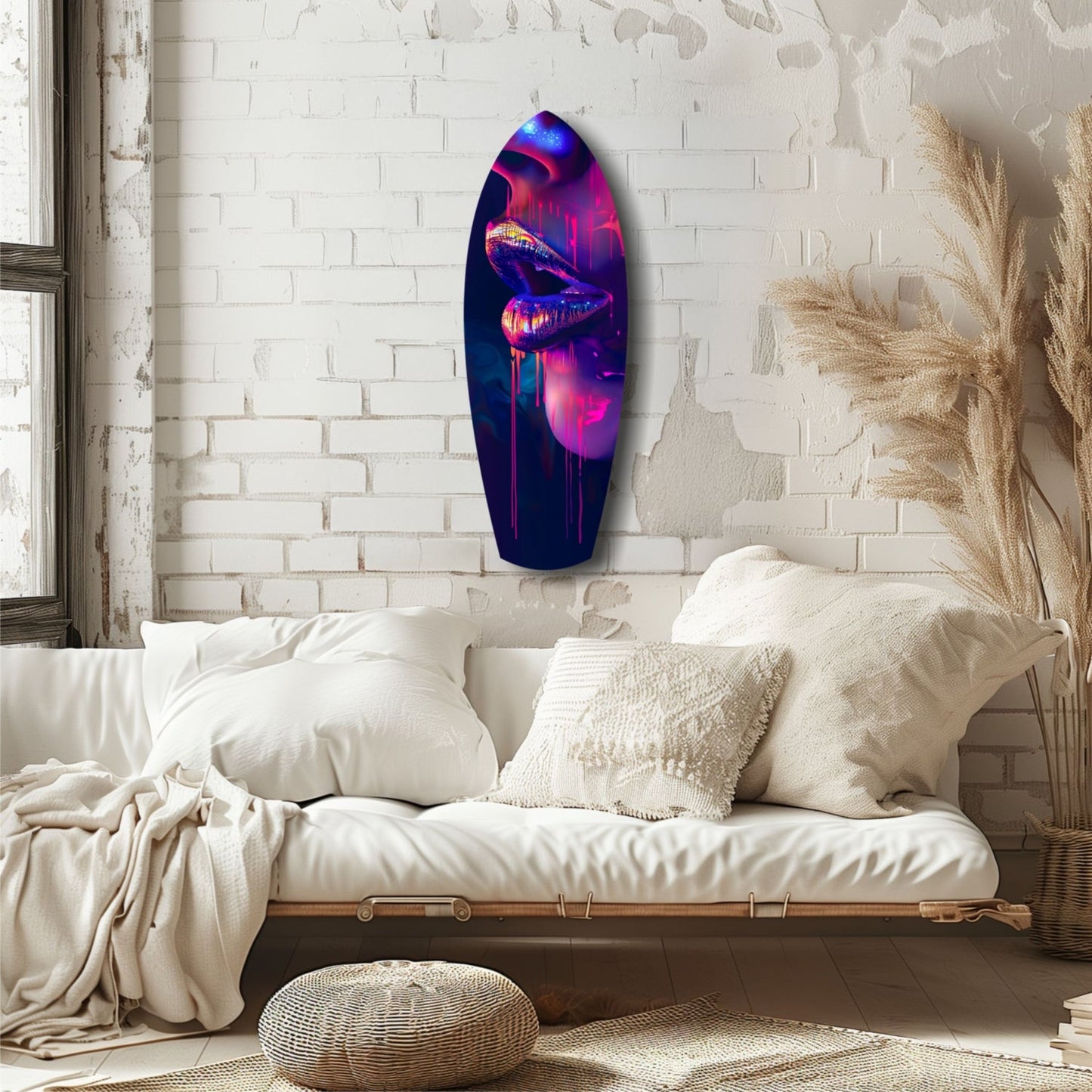 Neon pink and blue glowing lips glass wall art mounted above white bed in minimalist bedroom.