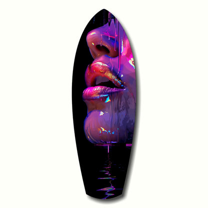 Vertical glass wall art featuring neon pink, purple, and blue illuminated lips against black background, shown from front view.