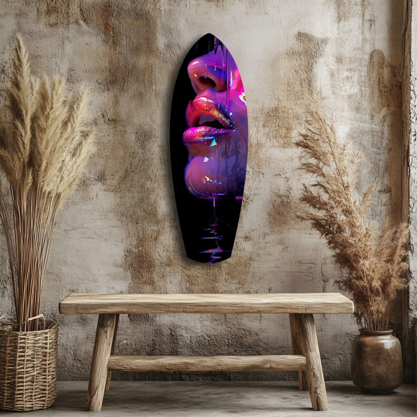 Neon pink and purple lips glass wall art displayed above wooden bench in rustic interior with dried pampas grass.