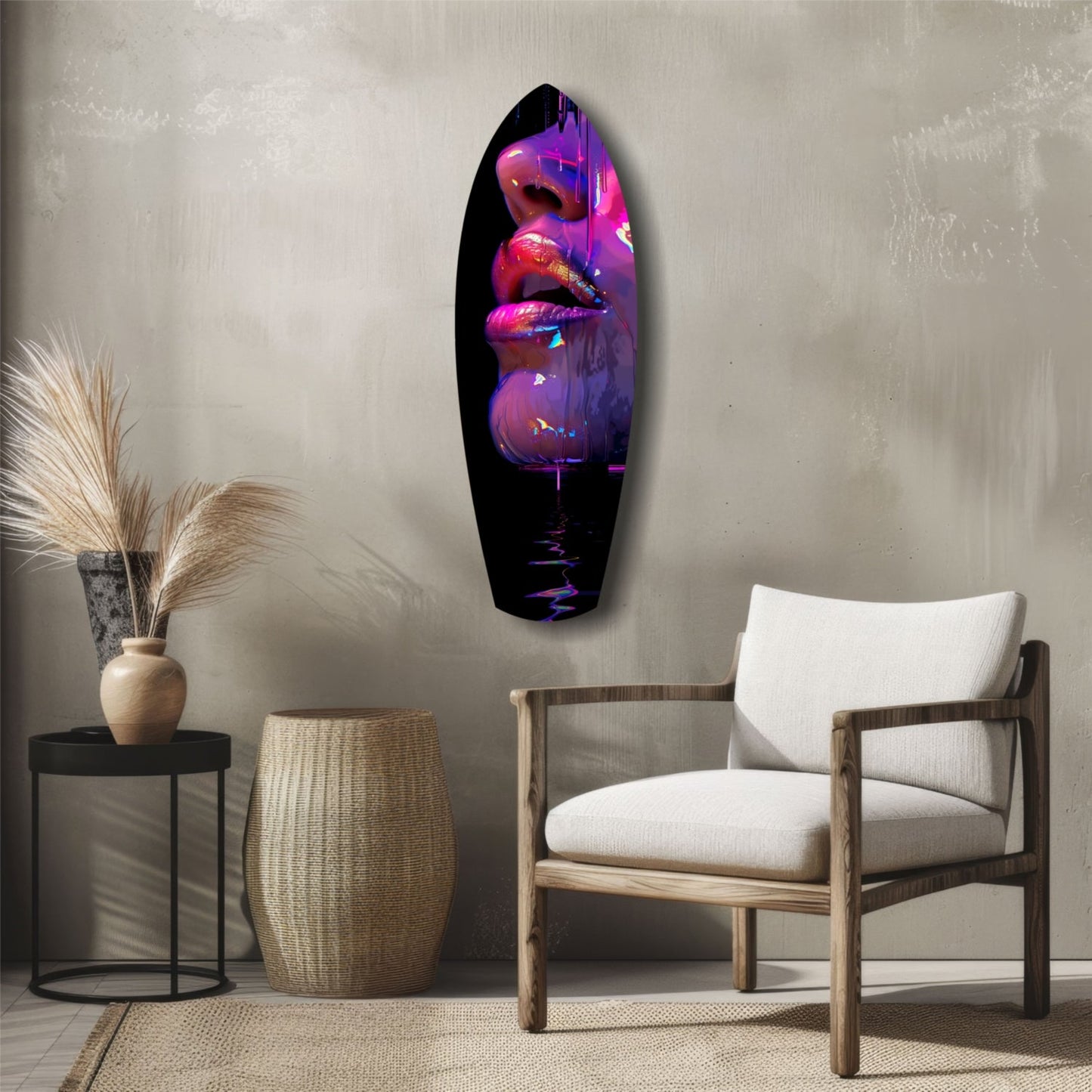 Colorful Lips V9 glass wall art with vibrant pink and purple neon lighting displayed above a wooden chair in a minimalist room setting.