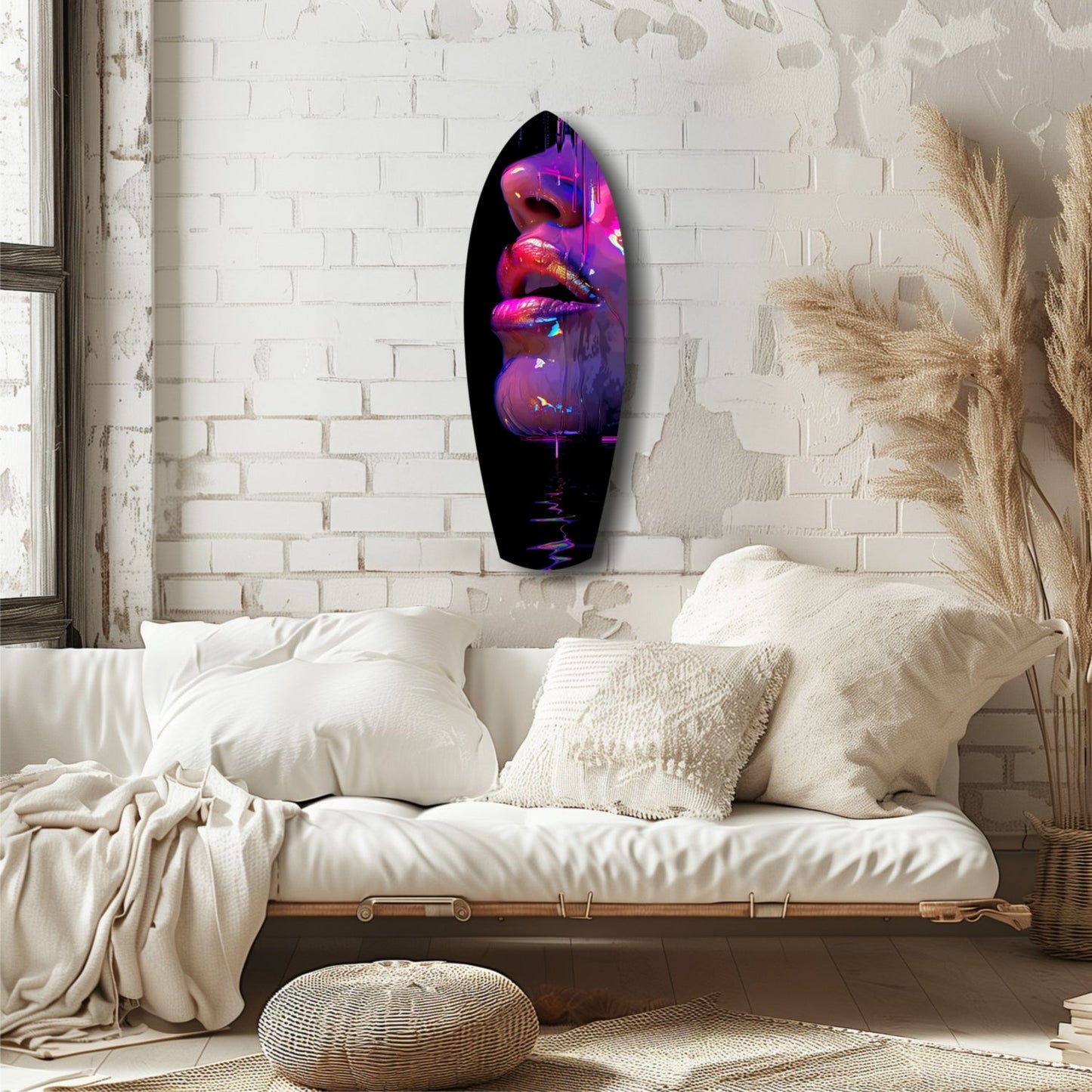 Oval glass wall art with neon pink and purple lips displayed above a cream sofa in a minimalist bedroom.
