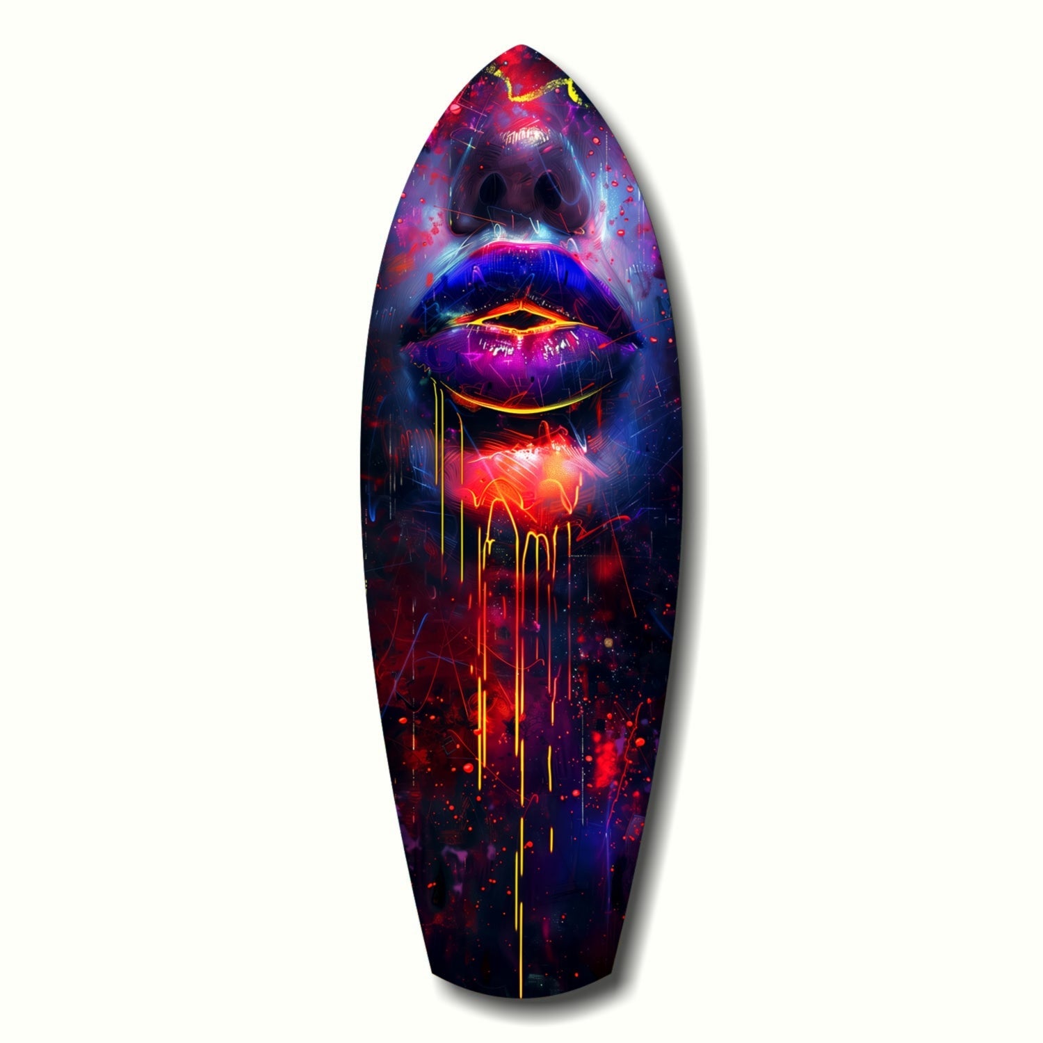 Neon-glowing lips with dripping effect on dark teardrop-shaped glass panel, vibrant reds and blues dominating the design.
