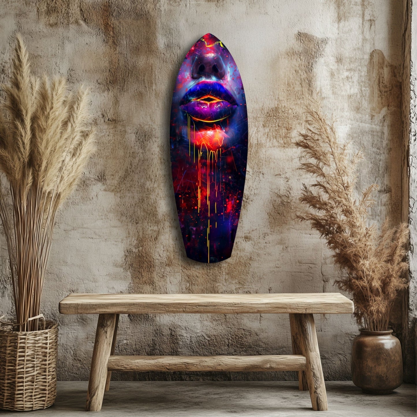 Neon lips glass wall art in purple, blue, and red tones displayed above wooden bench in rustic interior.