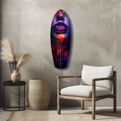 Vibrant glass wall art featuring neon-glowing lips in purple, blue, and red tones displayed in a minimalist interior setting.