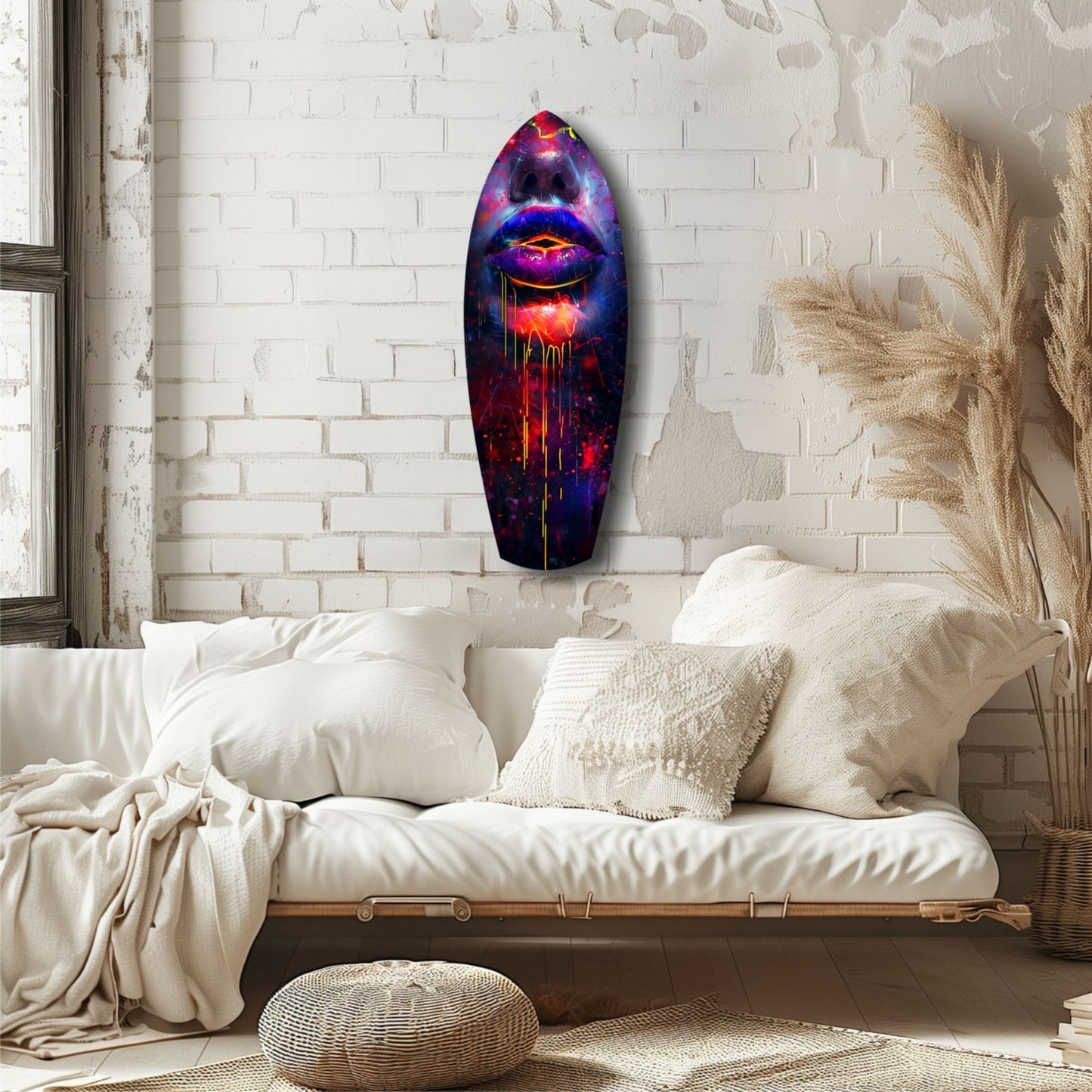 Oval glass wall art featuring vibrant purple, blue, and red glowing lips with dripping effect, displayed above a cream-colored bed in a minimalist bedroom.