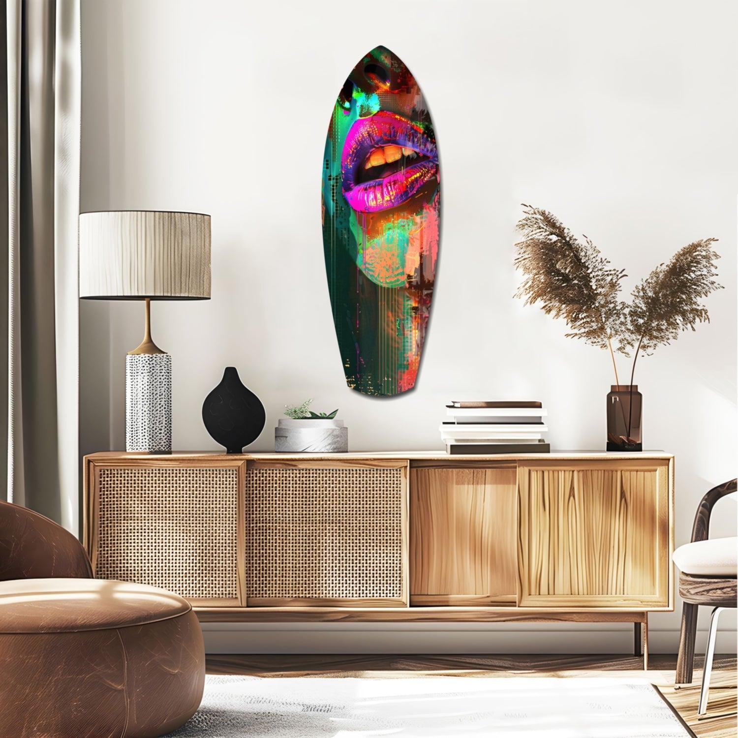 Colorful Lips V11 glass wall art displayed above a wooden credenza in a modern living room setting with warm neutral décor.