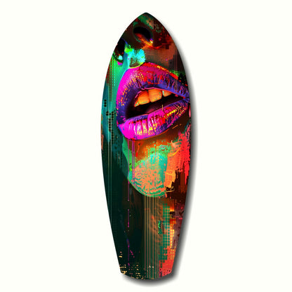 Surfboard-shaped glass art featuring vibrant neon lips in magenta, orange, and cyan against a dark pixelated background, displayed vertically.