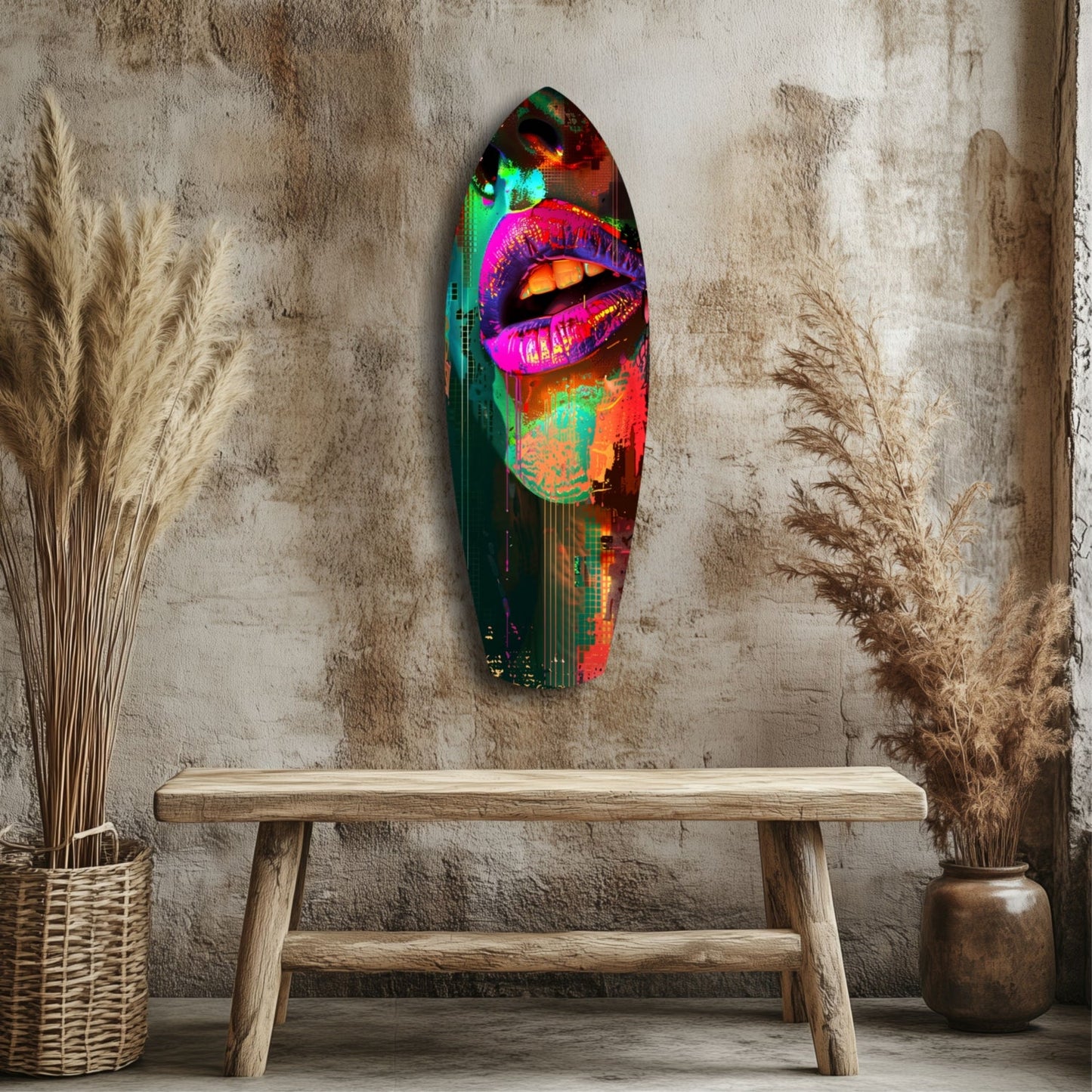 Colorful Lips V11 glass wall art hanging above wooden bench against textured beige wall, flanked by dried pampas grass in woven baskets.