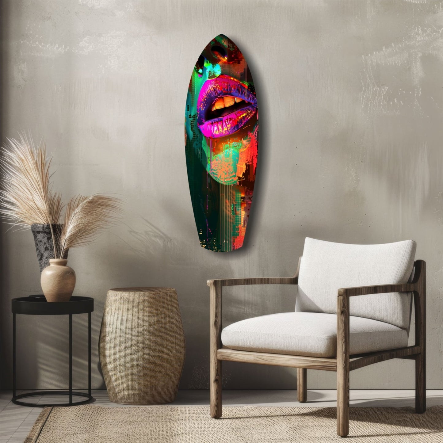 Vibrant neon-colored glass wall art featuring stylized lips displayed in a minimalist interior setting with wooden furniture.
