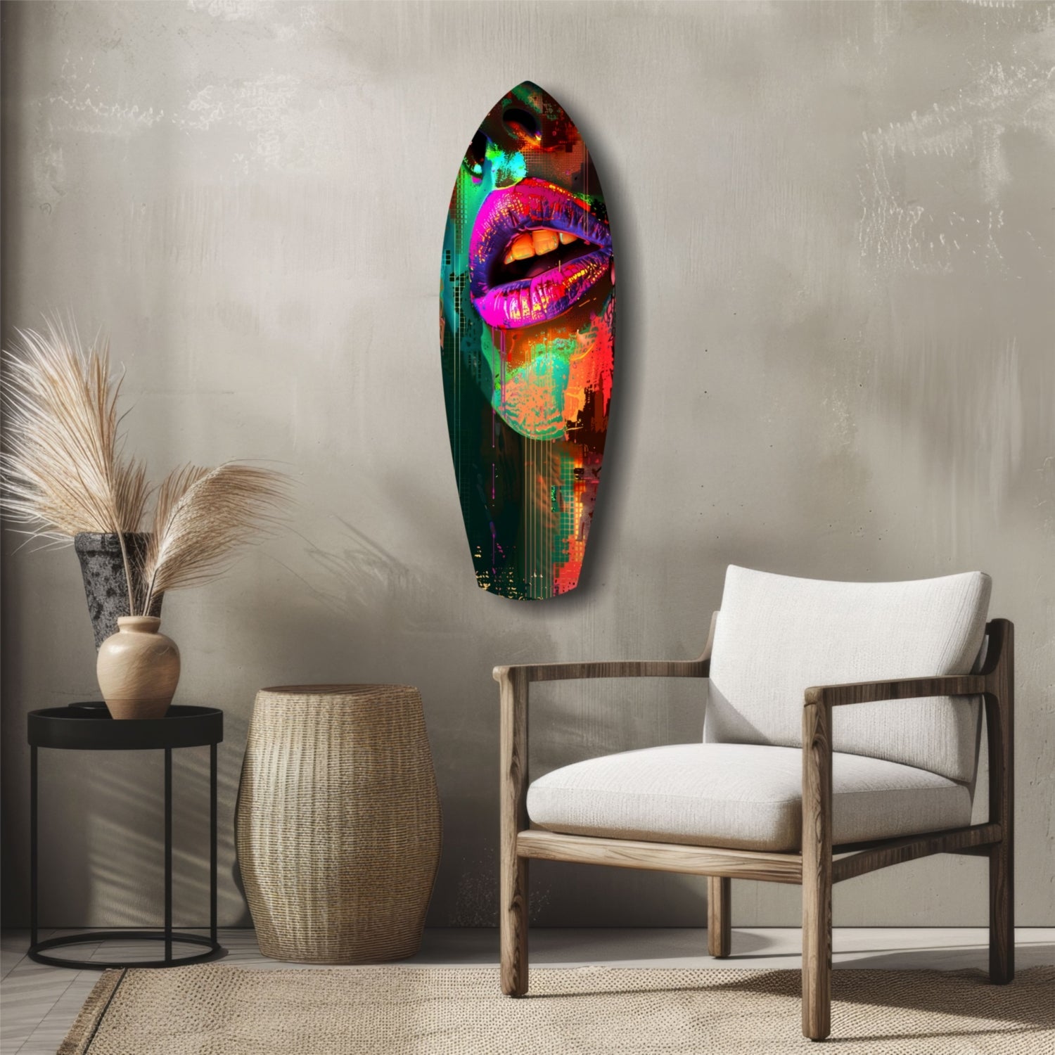 Vibrant neon-colored glass wall art featuring stylized lips displayed in a minimalist interior setting with wooden furniture.