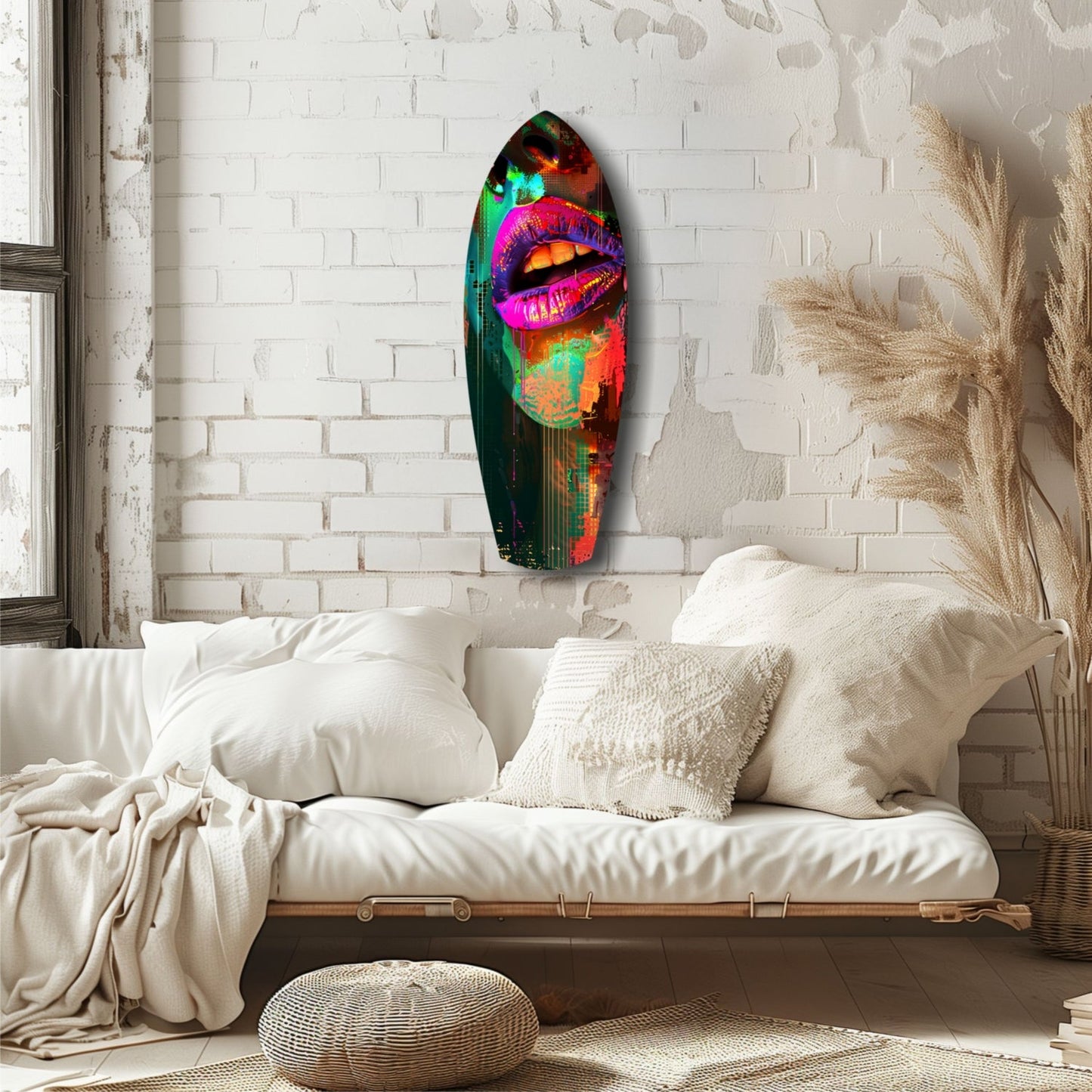Vibrant neon lips glass art hanging above a cream daybed in a minimalist bedroom with white brick walls.