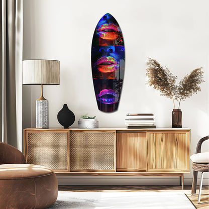 Neon lips glass wall art displayed above wooden credenza in modern living room interior with warm lighting and neutral decor.
