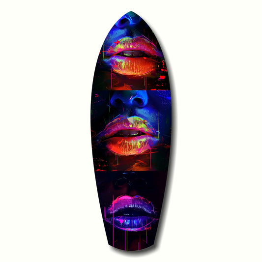 Surfboard-shaped glass art featuring three neon-glowing lips in vibrant pink, red, yellow, and blue against dark background.