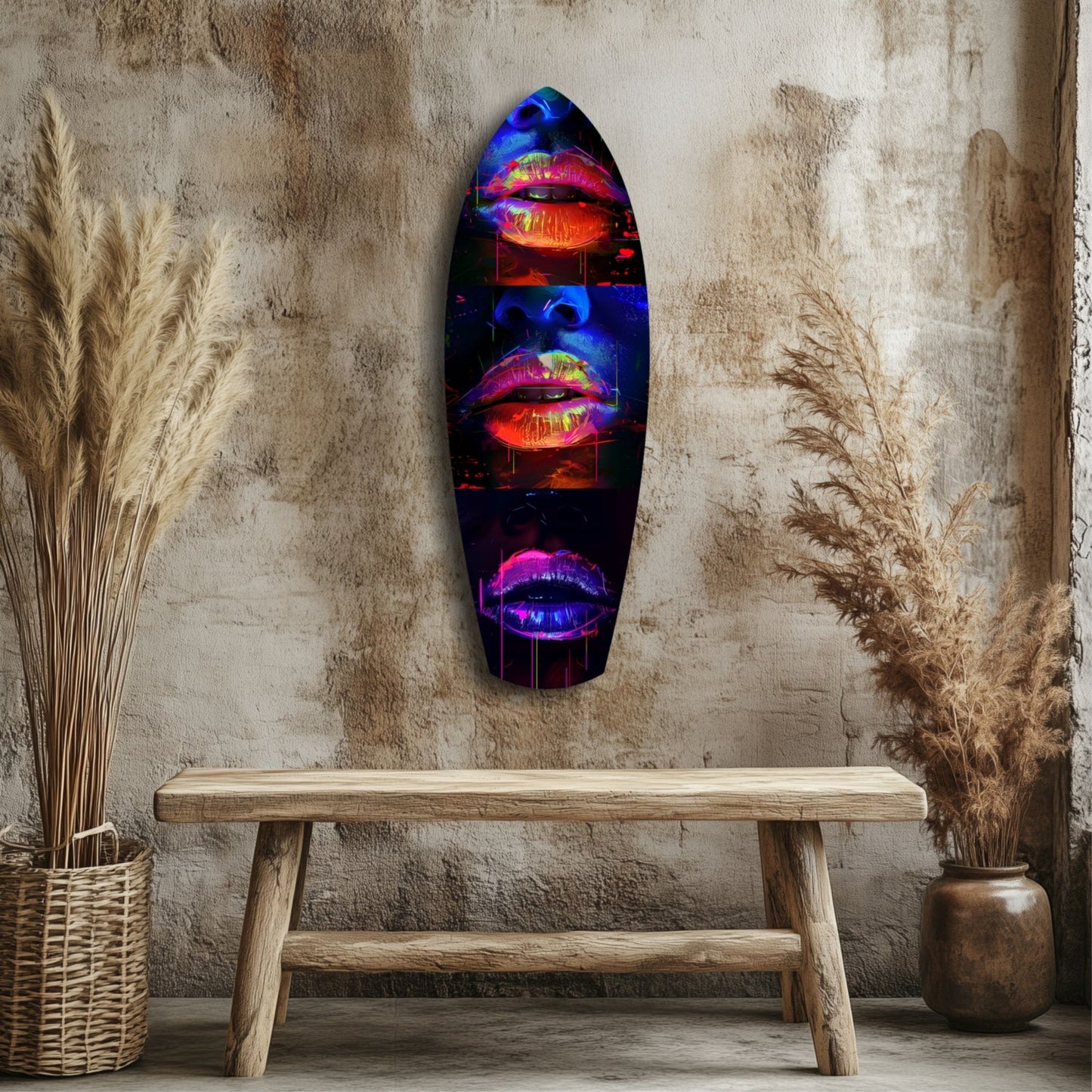 Neon lips glass art hanging on textured wall above wooden bench with dried grasses beside it.