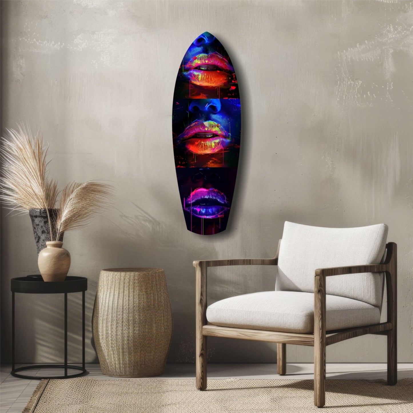 Neon lips glass wall art displayed vertically above wooden chair in minimalist interior with neutral tones.