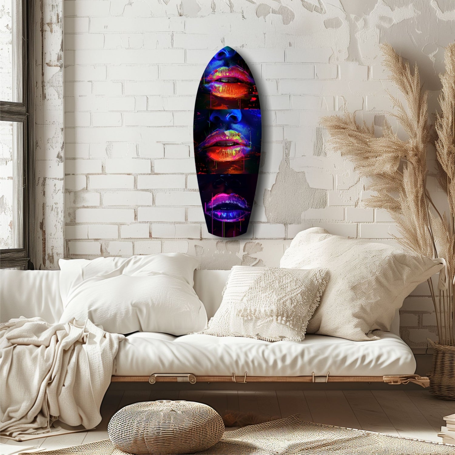 Neon lips glass wall art displayed above a cream linen sofa in a minimalist bedroom with white brick walls.