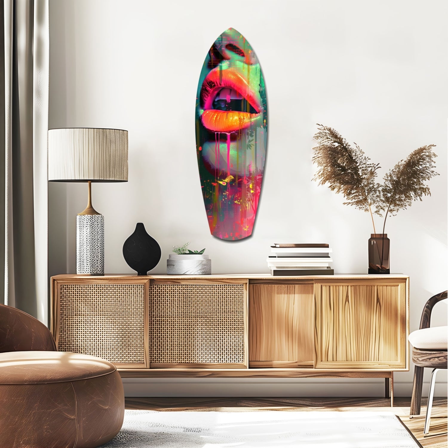 Colorful Lips V13 glass wall art with neon pink, green, and orange tones displayed above a wooden credenza in a modern living room interior.