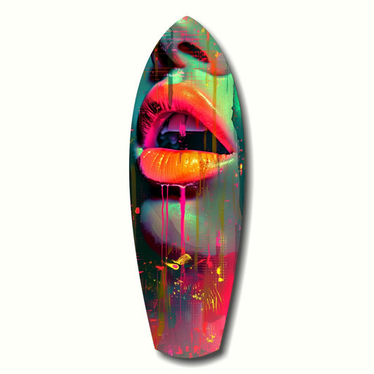 Surfboard-shaped glass art displaying vibrant neon pink, green, and orange lips with dripping effect against dark background.