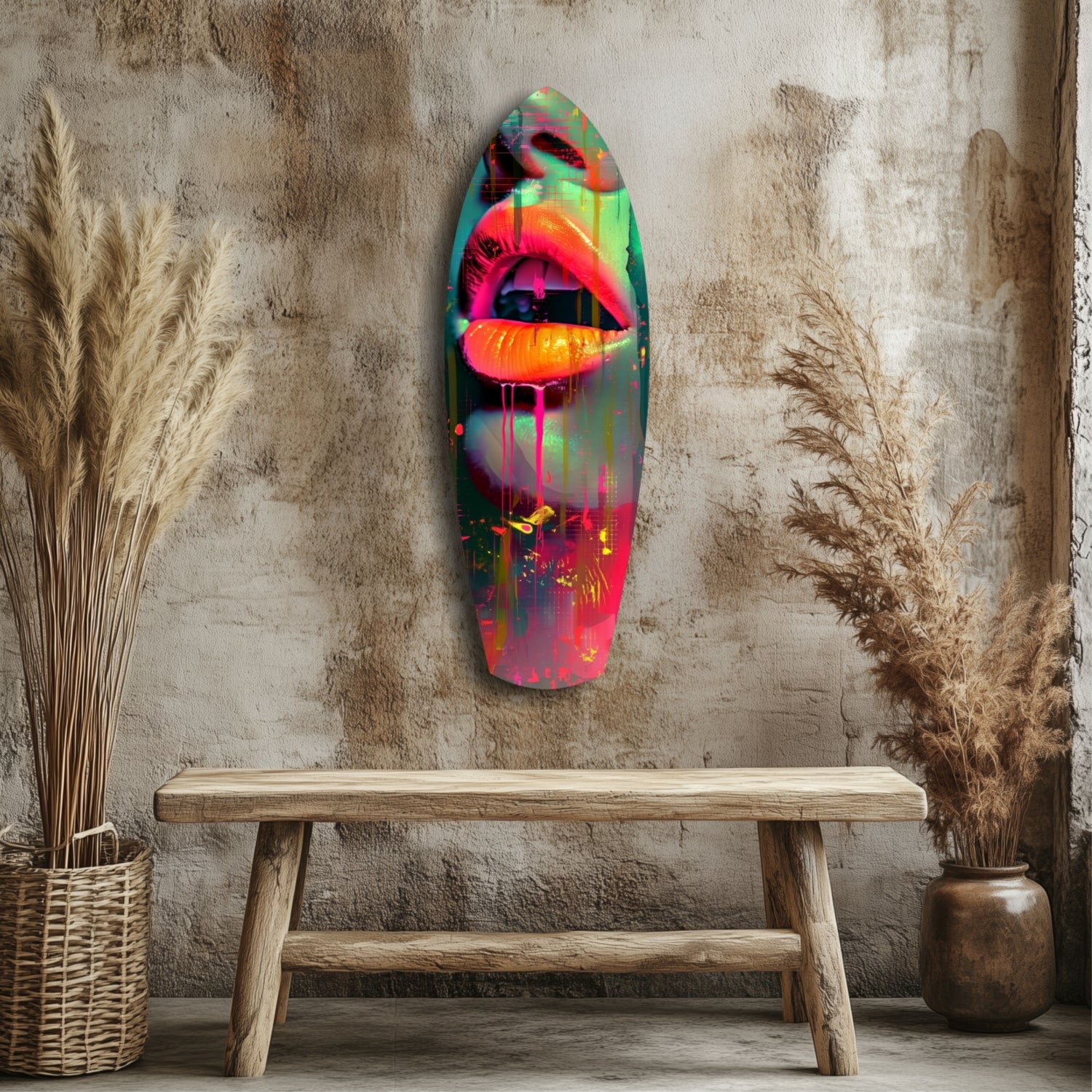 Vibrant neon lips glass art mounted on weathered wall above wooden bench with dried pampas grass.