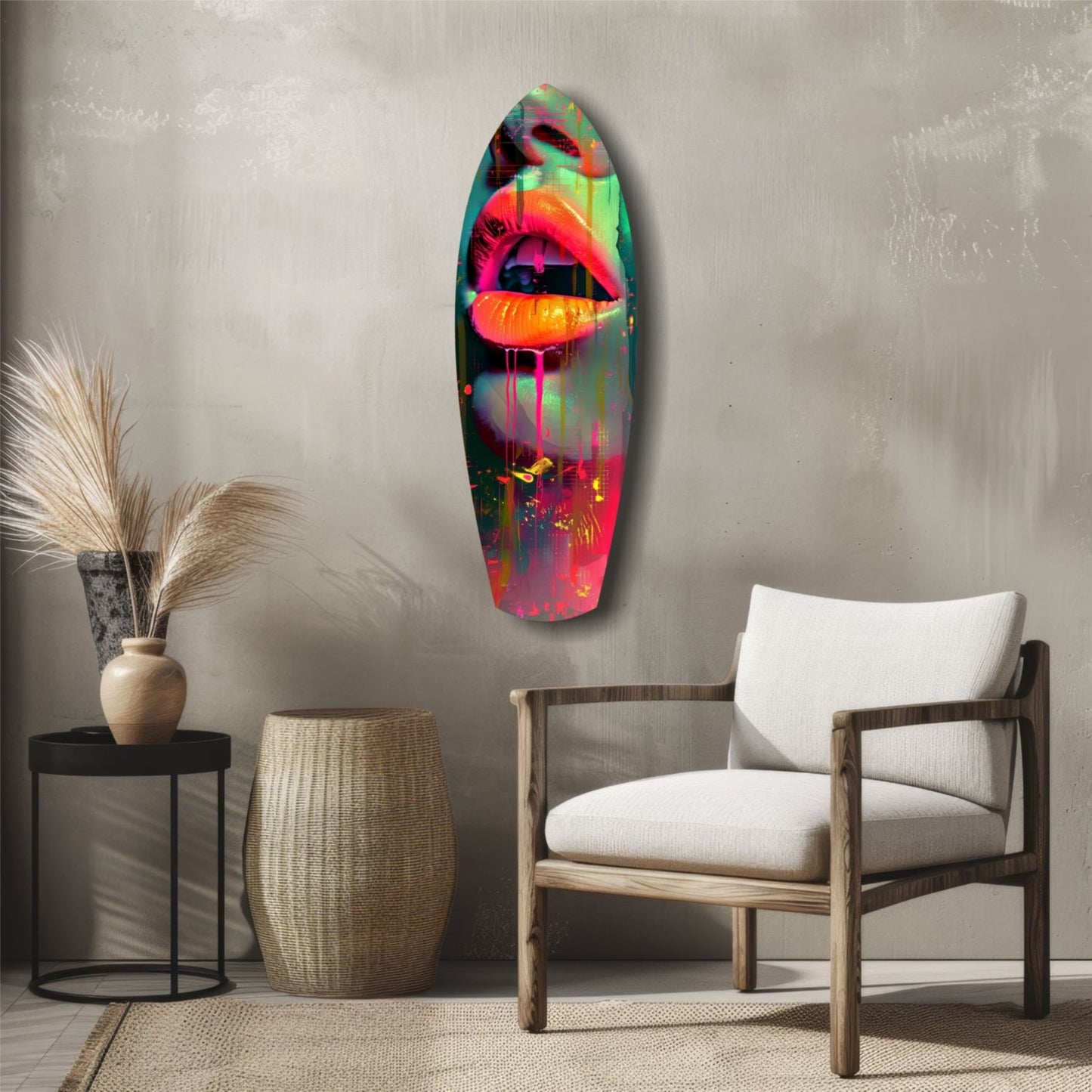 Neon lips glass wall art hung above wooden chair in minimalist interior with neutral furnishings.