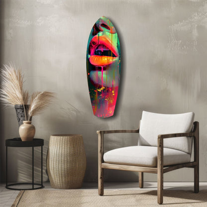 Neon lips glass wall art hung above wooden chair in minimalist interior with neutral furnishings.