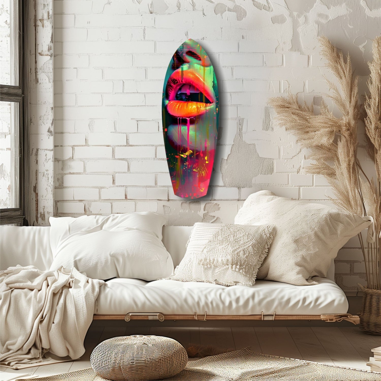 Vibrant neon-colored lips glass wall art mounted above a cream linen sofa in a minimalist bedroom.