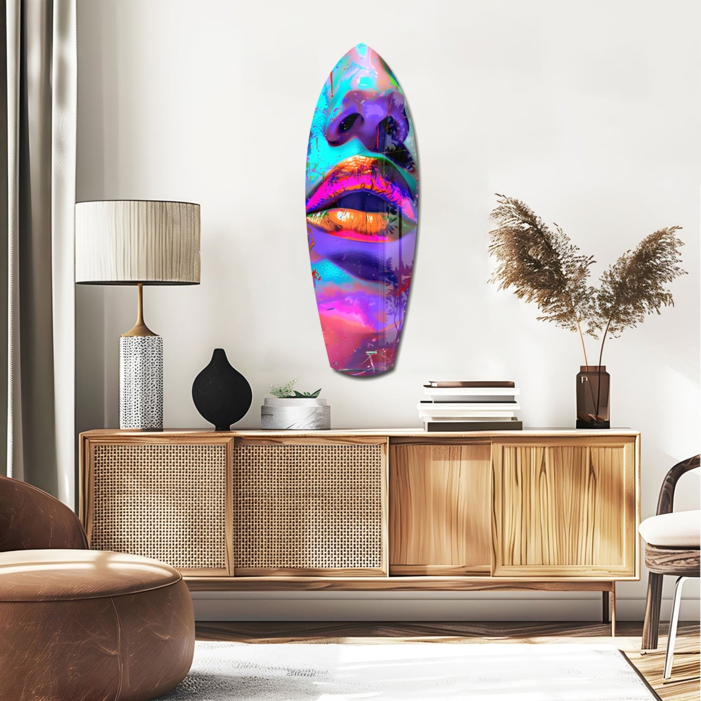 Colorful Lips V14 glass wall art mounted above wooden sideboard in modern living room with vibrant cyan, purple, pink and orange gradient design.