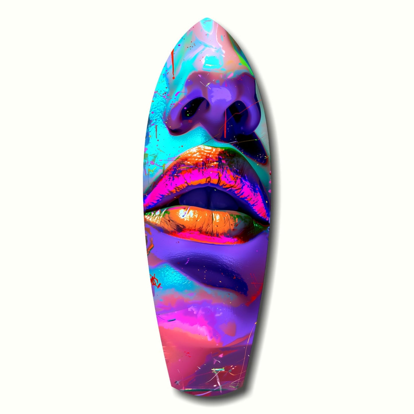 Vibrant neon glass wall art featuring stacked colorful lips in cyan, purple, pink, and orange against gradient background.