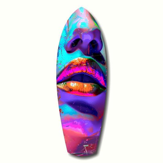 Vibrant neon glass wall art featuring stacked colorful lips in cyan, purple, pink, and orange against gradient background.