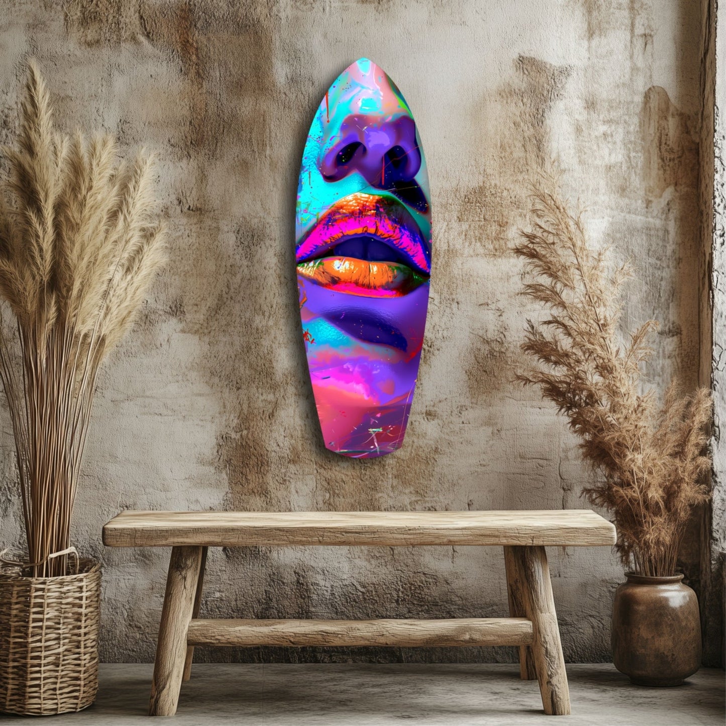 Vibrant neon lip-design glass art displayed on textured wall above wooden bench with dried grasses.