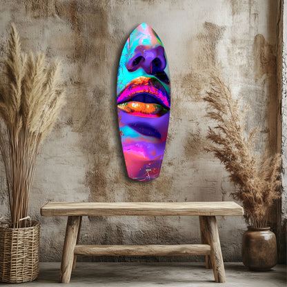 Vibrant neon lip-design glass art displayed on textured wall above wooden bench with dried grasses.