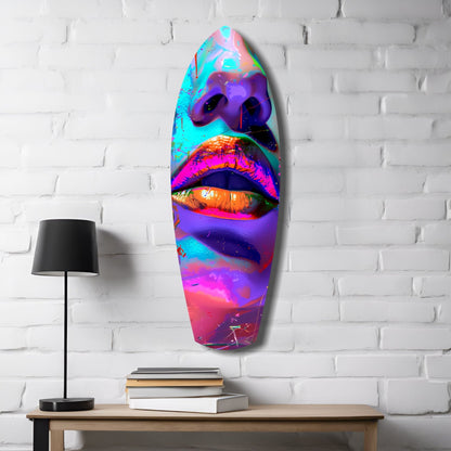Vibrant neon glass wall art featuring stacked colorful lips in cyan, pink, purple, and orange, mounted on white brick with lamp and books below.