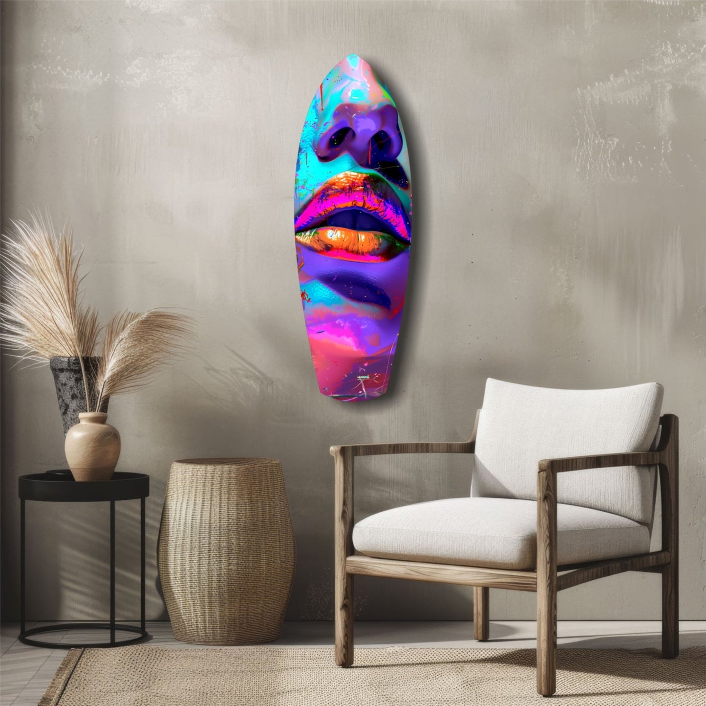 Vibrant neon-colored glass wall art featuring stylized lips in cyan, magenta, and orange hues displayed above a wooden chair in a minimalist interior.