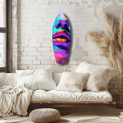 Vibrant neon lips glass art mounted on white brick wall above cream-colored bed with pillows.