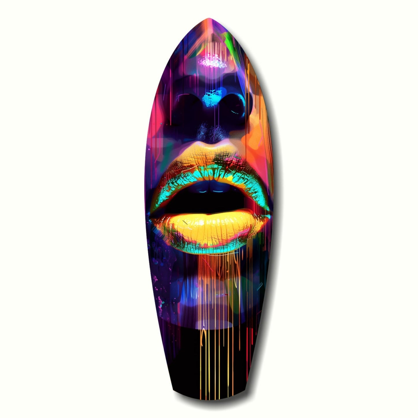 Neon-glowing glass wall art featuring a stylized face with vibrant cyan-outlined lips and rainbow gradient colors against dark background.