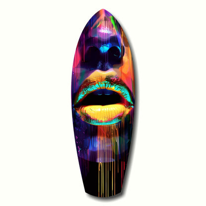 Neon-glowing glass wall art featuring a stylized face with vibrant cyan-outlined lips and rainbow gradient colors against dark background.