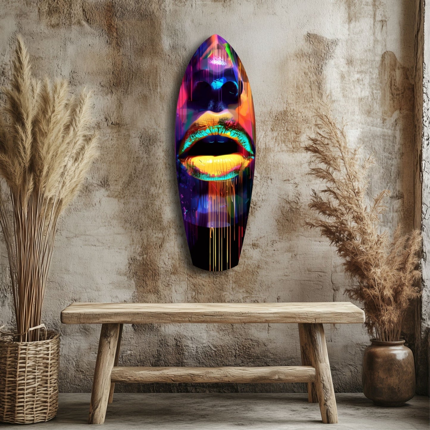 Neon lips glass art hanging above wooden bench in rustic interior with dried pampas grass décor.