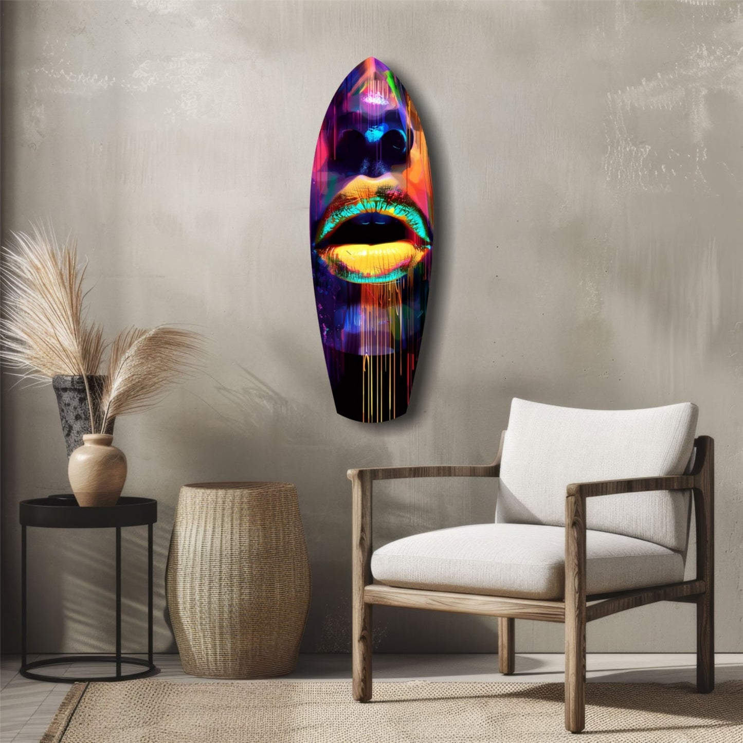 Vibrant neon lips glass wall art hanging above wooden chair in minimalist interior setting.
