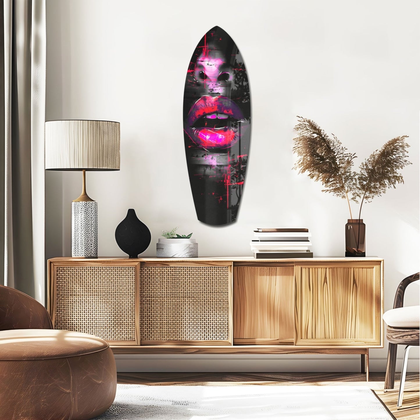 Neon pink lips glass wall art displayed above wooden mid-century credenza in modern living room setting.