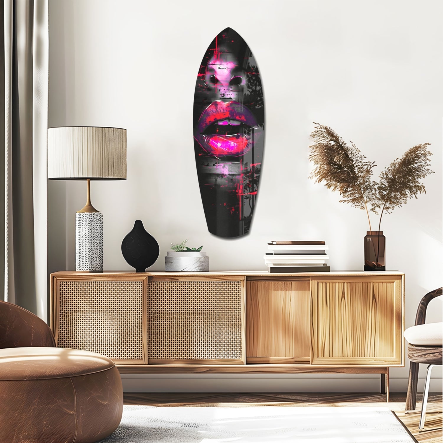 Neon pink lips glass wall art displayed above wooden mid-century credenza in modern living room setting.