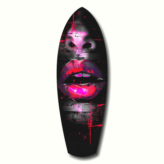 Black surfboard-shaped glass art with neon pink and magenta glowing lips and face on dark background.