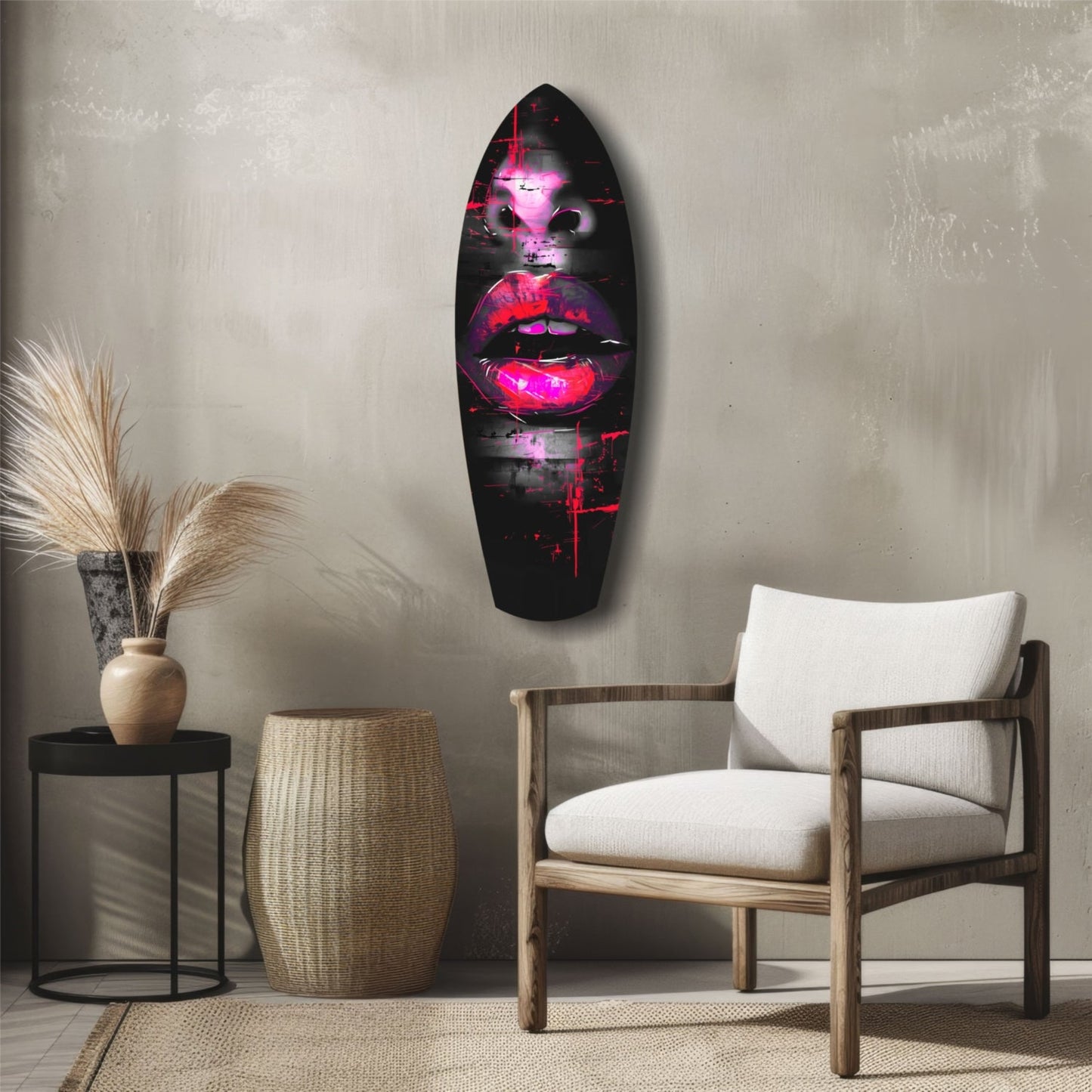 Neon pink and magenta lips glowing on black glass oval wall art displayed above wooden chair in modern interior.