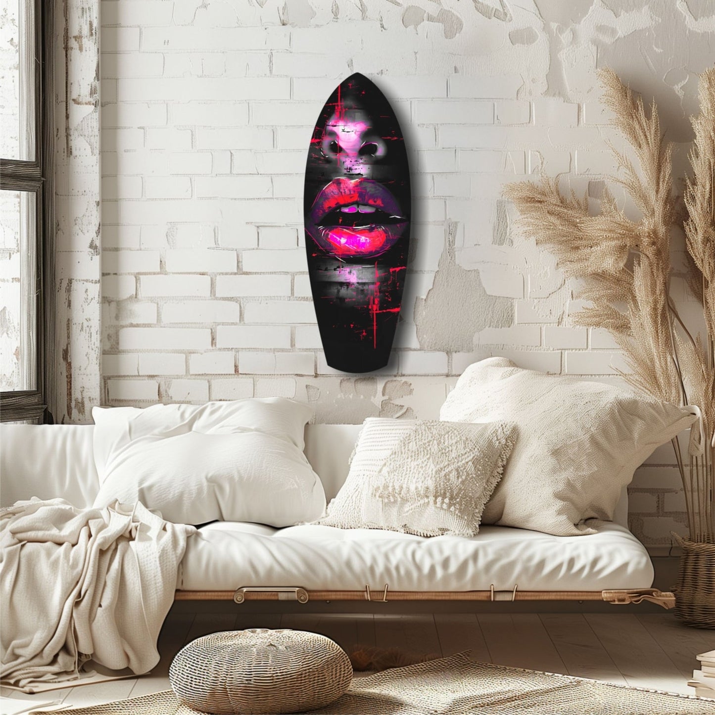 Neon pink and magenta illuminated lips glass wall art hanging on white brick above cream bedding in modern bedroom setting.