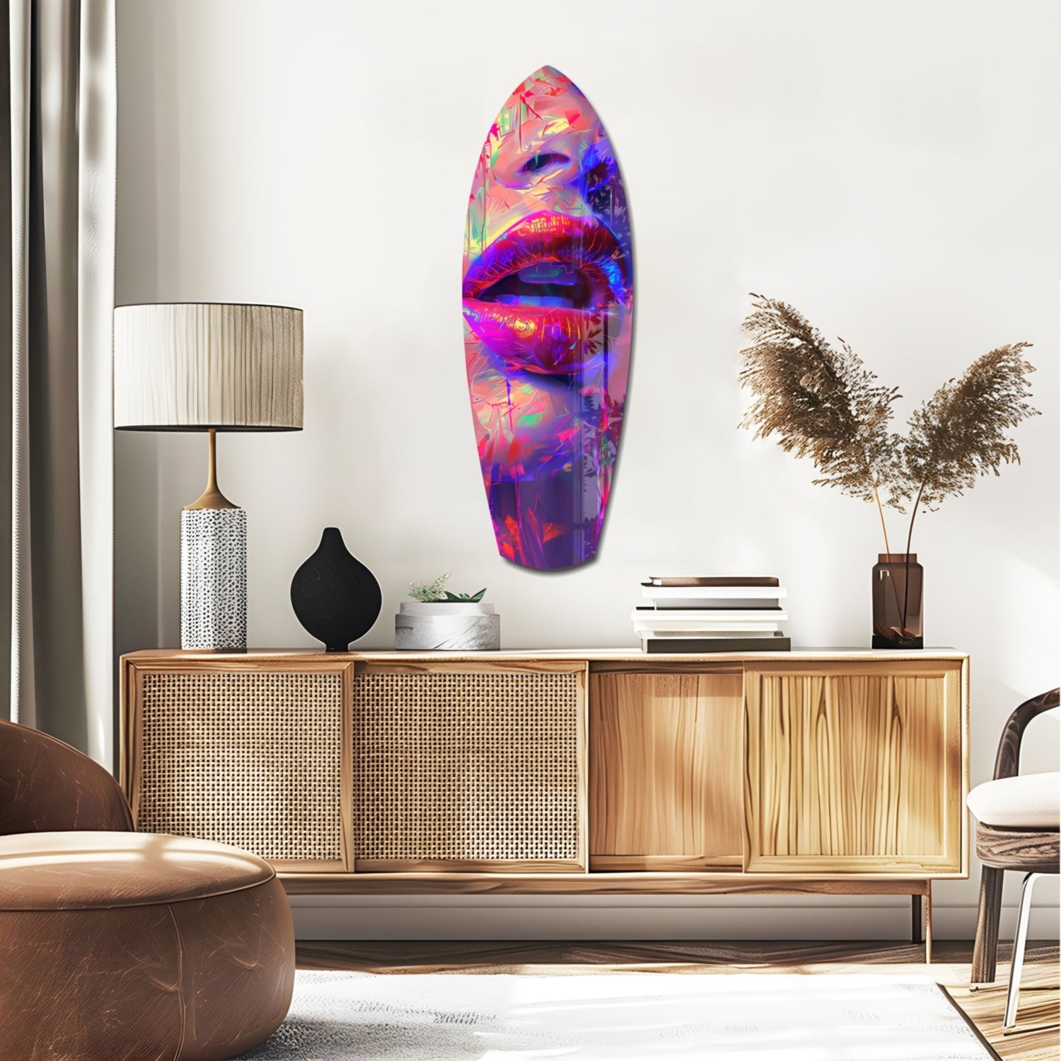 Vibrant multicolored glass wall art featuring abstract lips in pink, purple, and blue tones displayed above wooden mid-century console in modern living room setting.
