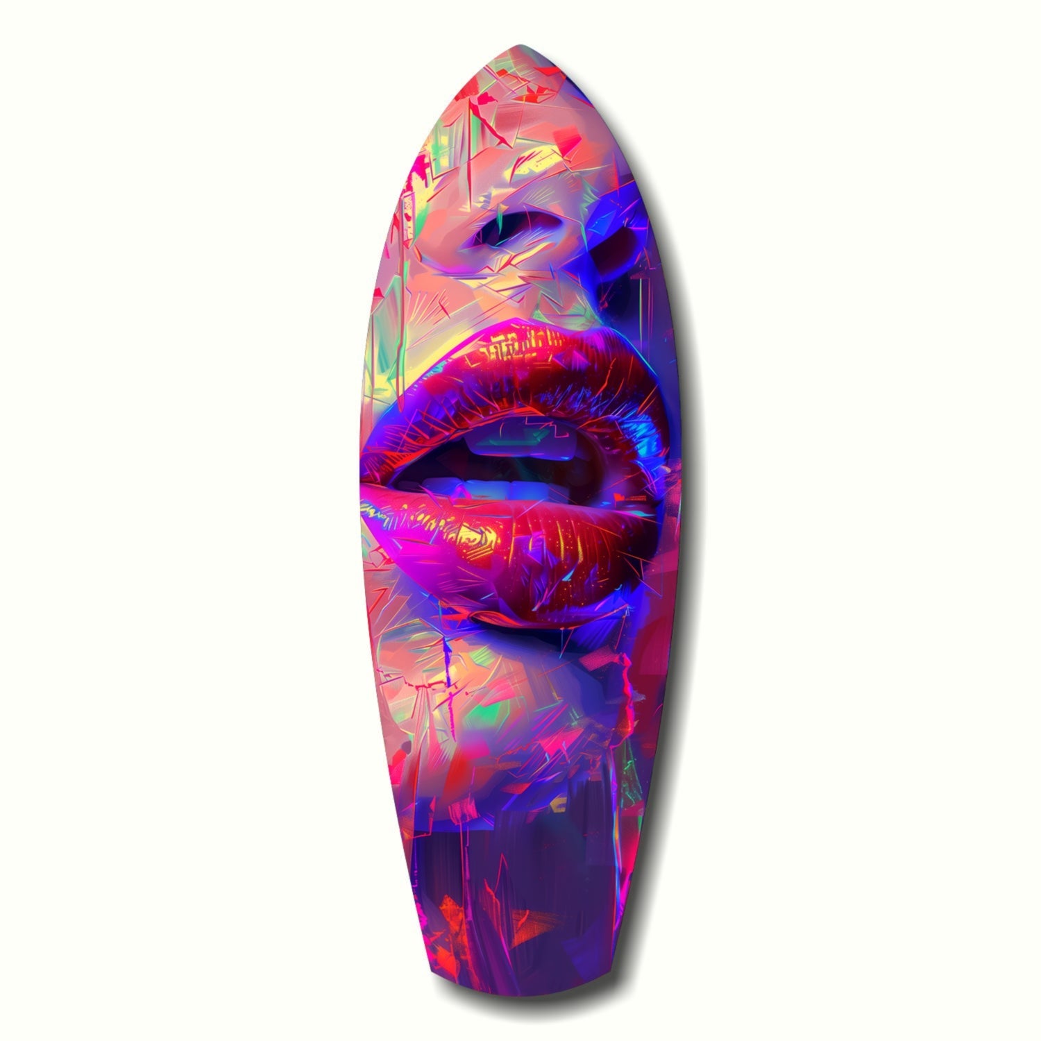 Vibrant neon glass wall art featuring glossy lips in pink, magenta, blue, and yellow gradient colors against white background.