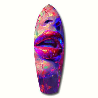 Vibrant neon glass wall art featuring glossy lips in pink, magenta, blue, and yellow gradient colors against white background.