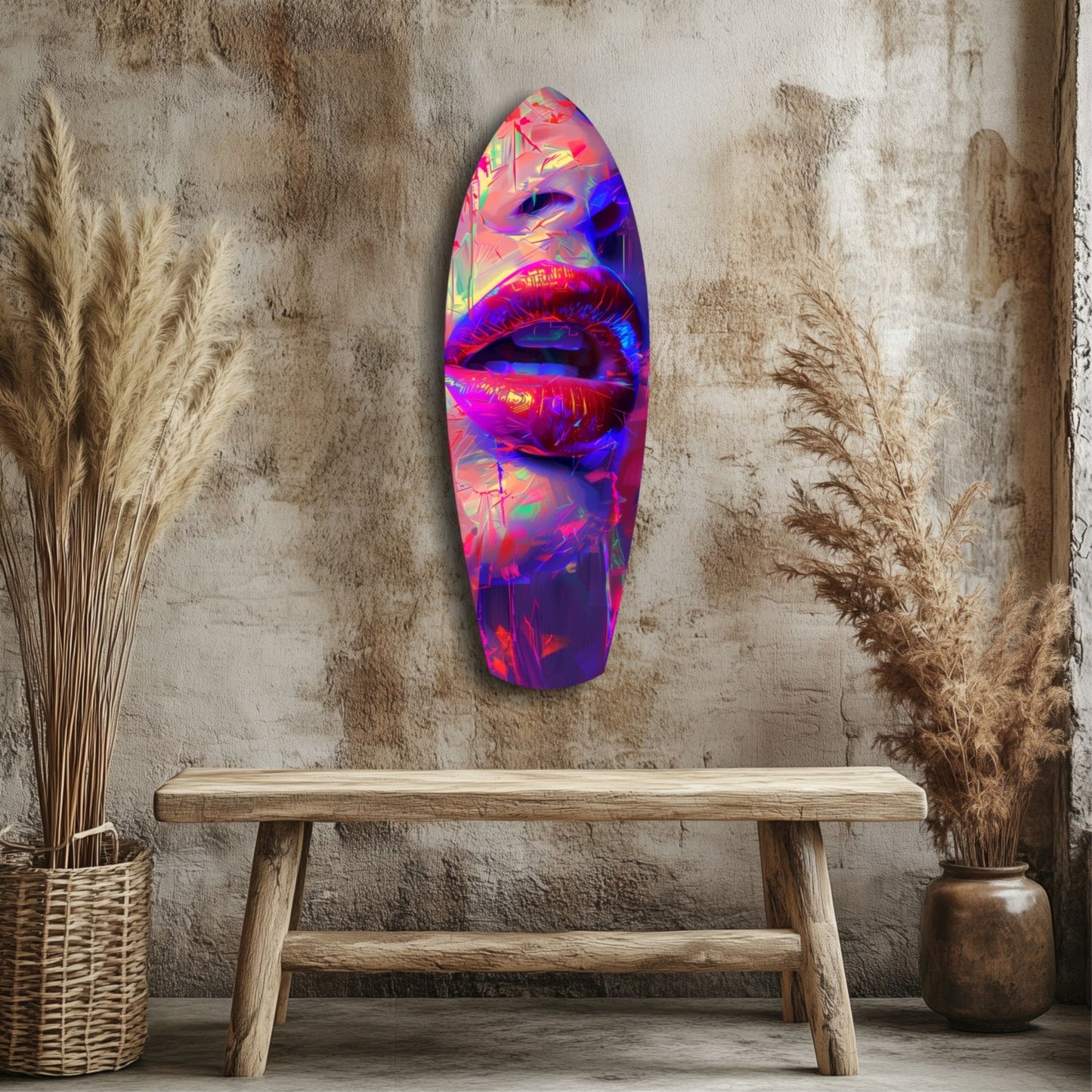 Vibrant neon lips glass wall art mounted above wooden bench in rustic interior with dried botanicals.