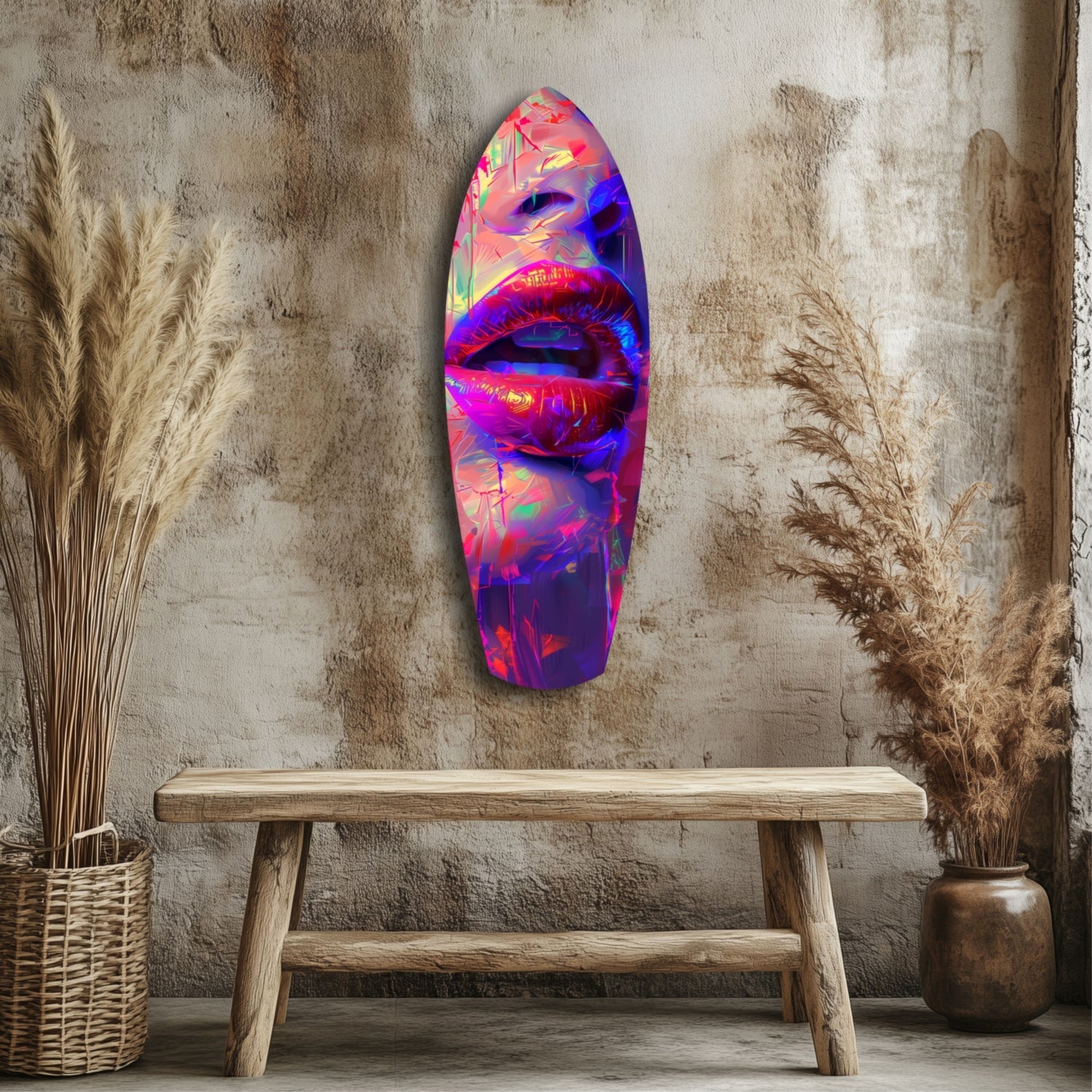 Vibrant neon lips glass wall art mounted above wooden bench in rustic interior with dried botanicals.